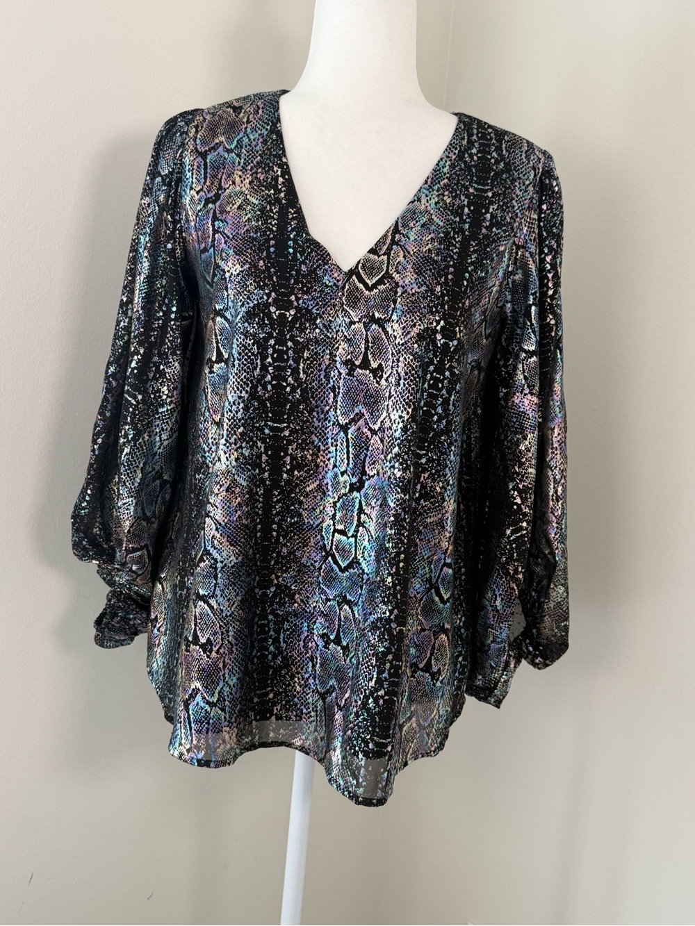 Adrienne Iridescent Snake-Print V-Neck Blouse - Picture 2 of 6